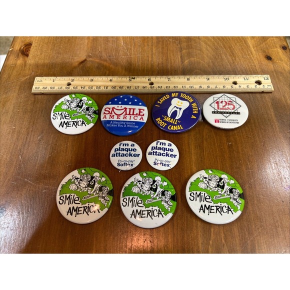 9 Dental Dentist Button Pins Smile America Plaque Softex Temple University - Picture 1 of 9